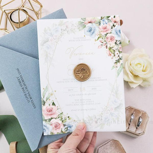 Light Dusty Blue Blush Pink Gold Floral Vellum Wedding Invitation CWIV45